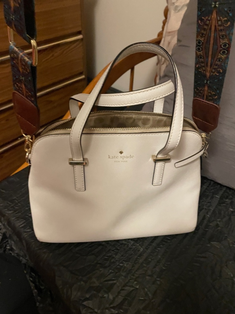 kate spade Cream Saffiano Leather Satchel with Patterned Strap - Picture 15 of 16